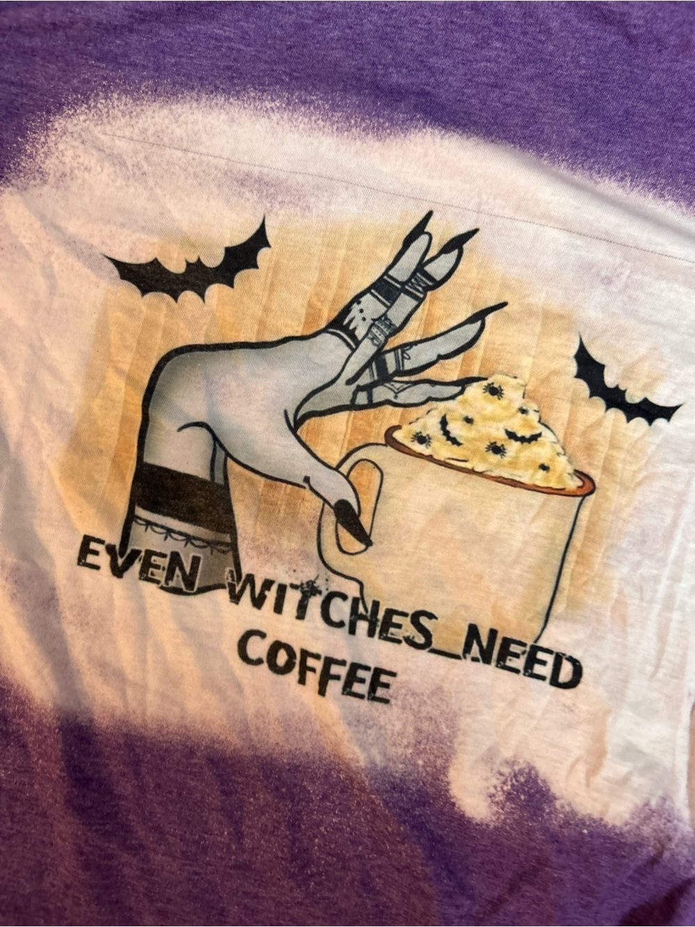 Gildan Purple and White Tie-Dye Short Sleeve Top with Witch Coffee Graphic